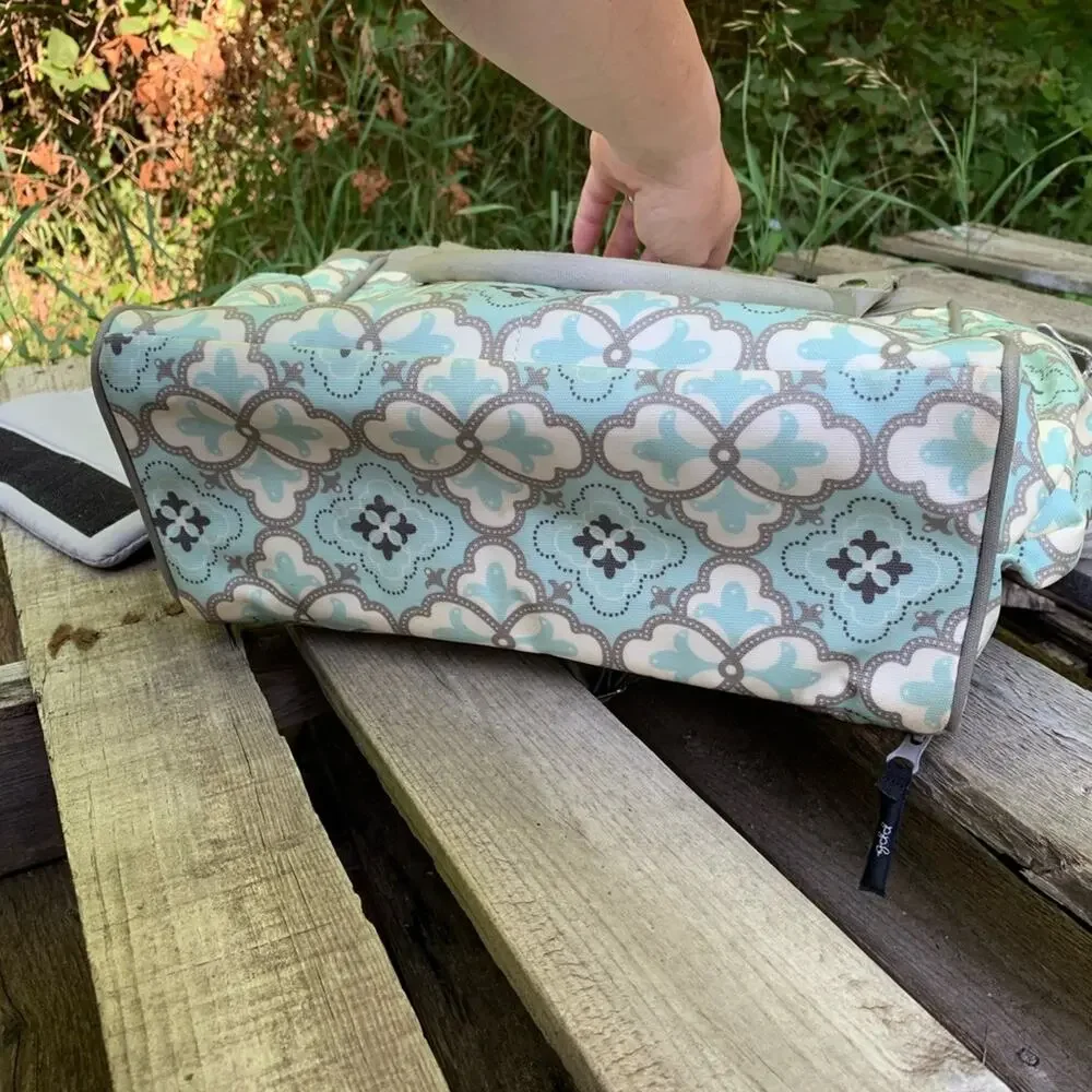 Petunia Pickle Bottom gender neutral blue tan geometric diaper bag